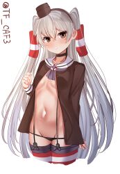 Rule 34 | 1girl, amatsukaze (kancolle), black choker, black panties, blush, breasts, brown eyes, brown shirt, choker, commentary request, cowboy shot, cropped legs, garter straps, grey hair, hair ornament, hair tubes, highres, kantai collection, long hair, looking at viewer, navel, open clothes, open shirt, panties, parted lips, shirt, simple background, small breasts, solo, striped clothes, striped thighhighs, tf cafe, thighhighs, twitter username, underwear, very long hair, white background
