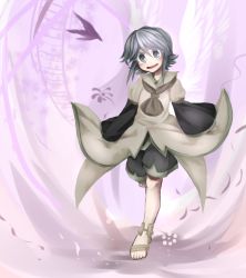 Rule 34 | androgynous, bad id, bad pixiv id, bow, brilliant pagoda or haze castle, brown coat, coat, gender request, grey eyes, houlen yabusame, jandare, len&#039;en, open mouth, sandals, short hair, short hair with long locks, shorts, silver hair, smile, solo