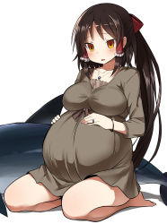 Rule 34 | 1girl, alternate costume, barefoot, belly rub, benjamin button suukina jinsei, big belly, blush, bow, breasts, brown hair, contemporary, cookie (touhou), d:, dolphin, dress, empty eyes, fish, hair bow, hakurei reimu, hands on stomach, highres, jewelry, large breasts, long hair, looking at viewer, maternity dress, necklace, open mouth, orange eyes, pregnant, ring, sananana (cookie), seiza, sitting, solo, swordfish, touhou, wariza, wedding band