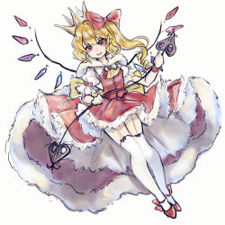 Rule 34 | 1girl, absurdres, adapted costume, alternate headwear, ascot, back bow, blonde hair, bow, cape, collared shirt, crown, flandre scarlet, frilled shirt collar, frills, full body, fur-trimmed cape, fur trim, hair bow, highres, holding, holding polearm, holding weapon, huge bow, kyogoku-uru, laevatein (touhou), large bow, long hair, looking at viewer, mary janes, multicolored wings, one side up, open mouth, pointy ears, polearm, puffy short sleeves, puffy sleeves, red bow, red brooch, red cape, red eyes, red footwear, red skirt, red vest, shirt, shoes, short sleeves, simple background, skirt, solo, thighhighs, touhou, vest, weapon, white background, white shirt, white thighhighs, wings, yellow ascot, yellow bow