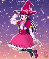 Rule 34 | 10s, 1girl, 2016, black socks, bow, dated, gradient background, hat, hat bow, izayoi liko, kneehighs, long hair, looking at viewer, mahou girls precure!, pink background, pink footwear, pink skirt, plaid, plaid bow, precure, purple background, purple eyes, purple hair, red hat, riko (mahou girls precure!), shimeta hiromitsu, shirt, shoes, skirt, smile, socks, solo, sparkle, white shirt, witch hat