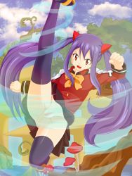 Rule 34 | 1girl, absurdres, anus, arms up, black skirt, black thighhighs, blue sky, bow, clenched hands, clitoris, day, energy, fairy tail, female focus, hair ornament, highres, kicking, leg up, long hair, long sleeves, looking at viewer, mushroom, no panties, no shoes, open mouth, orange bow, orange eyes, orange footwear, outdoors, planeptune, pleated skirt, purple hair, pussy, red shirt, revision, sandals, shiny skin, shirt, shoes, skirt, sky, solo, spread legs, standing, standing on one leg, teeth, thighhighs, twintails, uncensored, upskirt, urethra, wendy marvell