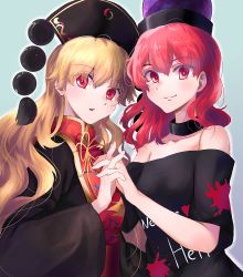 Rule 34 | 2girls, bare shoulders, black dress, blonde hair, blue background, blush, breasts, clothes writing, dress, gold trim, hair between eyes, hecatia lapislazuli, highres, holding hands, interlocked fingers, junko (touhou), long hair, looking at viewer, medium breasts, multiple girls, neold, off-shoulder shirt, off shoulder, outer glow, outline, parted lips, phoenix crown, red eyes, red hair, ribbon, shirt, smile, t-shirt, tabard, tassel, touhou, upper body, white outline, wide sleeves, yellow ribbon