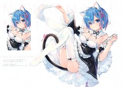 Rule 34 | 1girl, absurdres, animal ears, ass, blue eyes, blue hair, blush, bow, bowtie, breasts, cat ears, cat tail, cleavage, closed mouth, dress, eikaa, full body, hair ornament, hairband, highres, looking at viewer, maid, medium breasts, puffy sleeves, pulled by self, re:zero kara hajimeru isekai seikatsu, rem (re:zero), scan, shiny skin, short hair, simple background, smile, tail, thighhighs, thighs, white thighhighs, wide sleeves, x hair ornament