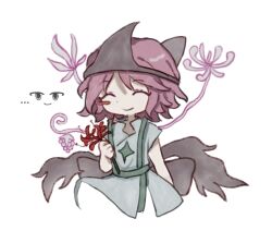 Rule 34 | ..., 1other, androgynous, blush stickers, closed eyes, closed mouth, dress, flower, grey dress, holding, holding flower, len&#039;en, needless (toyaco), other focus, pink hair, red flower, shion (len&#039;en), short hair, short sleeves, simple background, single blush sticker, smile, solo, spider lily, triangular headpiece, white background