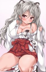 Rule 34 | 1girl, animal ears, bare shoulders, blush, breasts, cleavage, collarbone, conte di cavour (kancolle), hair between eyes, hakama, japanese clothes, kantai collection, large breasts, long hair, long sleeves, looking at viewer, miko, nijimoto hirok, off shoulder, panties, red hakama, sandals, solo, tabi, tail, thighs, tiger ears, tiger tail, twintails, underwear, white legwear, wide sleeves