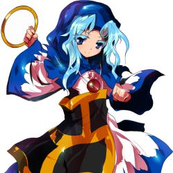 Rule 34 | 1girl, alphes, bad anatomy, blue eyes, blue hair, clenched hand, colored eyelashes, dress, eyelashes, female focus, game cg, hood, hoodie, hopeless masquerade, jewelry, kesa, kumoi ichirin, long hair, long sleeves, looking at viewer, matching hair/eyes, necklace, official art, pendant, ring, smile, solo, touhou, transparent background, wide sleeves