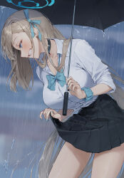 Rule 34 | 1girl, absurdres, asuna (blue archive), blue archive, blue eyes, bow, bowtie, cotta, highres, light brown hair, parasol, short sleeves, skirt, smile, solo, teeth, umbrella