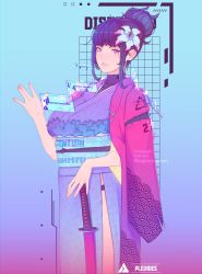 Rule 34 | black hair, blue background, breasts, bright pupils, gradient background, hair behind ear, hair bun, hand on hilt, highres, holographic monitor, jacket, jacket on shoulders, japanese clothes, katana, kimono, large breasts, looking at viewer, mika vas, obi, original, parted lips, pink jacket, purple eyes, purple kimono, sash, science fiction, single hair bun, solo, sword, weapon, white pupils