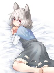 1girl animal_ears bed_sheet bloomers blue_capelet capelet closed_mouth commentary_request commission dress grey_dress grey_hair highres looking_at_viewer lying medium_hair mouse_ears mouse_girl naegi_(naegidokoro) nazrin on_bed on_stomach red_eyes skeb_commission smile solo touhou underwear