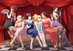 Rule 34 | 6+girls, alternate costume, annie leonhart, arm support, armpits, back, bare shoulders, bird, black dress, black eyes, black hair, black legwear, blonde hair, blue dress, blue eyes, blue gloves, bracelet, breasts, brown eyes, brown hair, checkered floor, chicken, choker, krista lenz, cleavage, cocktail, couch, crossed arms, crossed legs, dress, drink, earrings, eating, elbow gloves, evening gown, eye contact, female focus, floor, flower, food, formal, garter belt, garter straps, glass, glasses, gloves, hair between eyes, hair flower, hair ornament, hair up, hairband, hange zoe, head rest, high heels, highres, holding, jewelry, long dress, looking at another, looking at viewer, looking away, looking back, mikasa ackerman, multiple girls, necklace, null (chronix), pantyhose, ponytail, purple dress, red dress, revision, ribbon, sasha blouse, serious, shingeki no kyojin, shoes, short dress, short hair, shy, side slit, sitting, sleeveless, sleeveless turtleneck, smile, standing, strapless, strapless dress, thighhighs, tray, turtleneck, white gloves, white legwear, ymir (shingeki no kyojin)