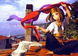 Rule 34 | 1girl, barefoot, bracelet, braid, cityscape, cop craft: dragnet mirage reloaded, earrings, flat chest, green eyes, hat, highres, indian style, jewelry, long hair, murata range, necklace, rooftop, scarf, single braid, sitting, solo, stitched, third-party edit, tilarna exedilika, tribal, wind, wind lift