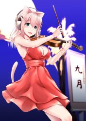 Rule 34 | 1girl, animal ears, blush, bow (music), breasts, cat ears, cleavage, dress, ganari ryuu, green eyes, headphones, headset, highres, instrument, large breasts, long hair, music, open mouth, original, pink hair, playing instrument, smile, solo, super tama musume, tail, tamatoys, violin