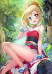 Rule 34 | 1girl, anklet, arm support, blonde hair, blue eyes, blurry, blush, bracelet, collar, commentary request, creatures (company), day, eyelashes, falling leaves, game freak, hair between eyes, hairband, highres, irida (pokemon), jewelry, kokouno oyazi, leaf, looking at viewer, medium hair, nintendo, open mouth, outdoors, pokemon, pokemon legends: arceus, red footwear, red hairband, red shirt, sash, shirt, shoes, shorts, sitting, smile, solo, strapless, strapless shirt, tongue, tree, waist cape, white shorts