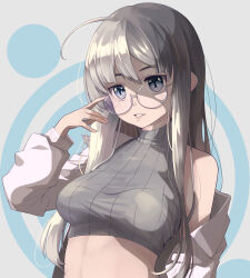 1girl ahoge alternate_costume breasts commission glasses grey_eyes grey_hair heywood_l._edwards_(kancolle) highres jacket kantai_collection medium_breasts midriff neko_no_hige ribbed_sweater skeb_commission sleeveless sleeveless_sweater solo sweater turtleneck turtleneck_sweater white_jacket