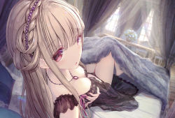 Rule 34 | 1girl, :o, architecture, babydoll, bed, braid, breasts, cleavage, flower, flower pot, goth fashion, gothic architecture, gothic lolita, highres, indoors, jewelry, large breasts, lingerie, lolita fashion, looking at viewer, looking back, lying, missile228, necklace, on back, on bed, original, panties, pink eyes, straight hair, table, thighs, under covers, underwear, window