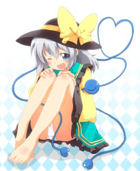 Rule 34 | 1girl, :d, argyle, argyle background, argyle clothes, barefoot, blush, fang, feet, female focus, hat, heart, heart of string, highres, knees to chest, komeiji koishi, looking at viewer, massala, one eye closed, open mouth, panties, pantyshot, short hair, silver hair, sitting, smile, solo, third eye, toes, touhou, underwear, white panties, wink
