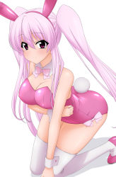 Rule 34 | 1girl, absurdres, all fours, animal ears, april, bare shoulders, blush, bow, bowtie, breasts, cleavage, detached collar, fake animal ears, highres, kneeling, large breasts, leotard, long hair, looking at viewer, original, pink bow, pink bowtie, pink hair, pink leotard, playboy bunny, purple eyes, rabbit ears, rabbit tail, simple background, smile, solo, strapless, strapless leotard, sugimura tomokazu, tail, thighhighs, twintails, white background, white thighhighs, wrist cuffs