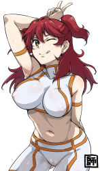 Rule 34 | 1girl, arm over head, armband, armpits, atamadarurun, bike shorts, breasts, cameltoe, covered erect nipples, crop top, ear piercing, earrings, eyebrows hidden by hair, freckles, gundam, gundam 00, hair between eyes, highres, jewelry, large breasts, licking lips, long hair, looking at viewer, midriff, navel, nena trinity, one eye closed, piercing, red hair, simple background, smile, solo, stomach, tongue, tongue out, two side up, v, white background, yellow eyes