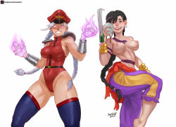 Rule 34 | 2girls, abs, alternate costume, alternate hairstyle, armband, armpits, artist name, awasof, barefoot, belt, black eyes, black hair, black thighhighs, blank eyes, braid, breasts, cammy white, cammy white (cosplay), capcom, chun-li, claw (weapon), commentary request, commission, cosplay, covered erect nipples, crossdressing, dated, earrings, evil grin, evil smile, fire, genderswap, genderswap (mtf), glowing, glowing eyes, grin, hat, highleg, highleg leotard, holding, holding mask, impossible clothes, jewelry, large breasts, legs, leotard, licking lips, long braid, long hair, looking at viewer, m. bison, mask, unworn mask, midriff, military, military hat, military uniform, multiple girls, muscular, muscular female, navel, nipples, official alternate costume, pants, patreon logo, patreon username, peaked cap, red leotard, sash, shoulder pads, sideboob, signature, simple background, single braid, skin tight, smile, street fighter, street fighter iv (series), tattoo, thick thighs, thigh gap, thighhighs, thighs, thong leotard, tight clothes, tongue, tongue out, topless, turtleneck, twin braids, uniform, vega (street fighter), vega (street fighter) (cosplay), very long hair, weapon, white background, white eyes, white hair
