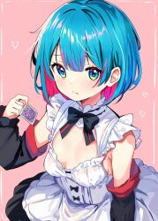 Rule 34 | 1girl, black bow, black bowtie, black dress, blue eyes, bow, bowtie, breasts, closed mouth, colored inner hair, condom, detached sleeves, dress, heart, highres, holding, holding condom, looking at viewer, multicolored hair, original, pink background, pink hair, sakura mikan (chirizakura), simple background, small breasts, solo, two-tone hair