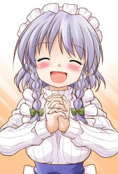 Rule 34 | 1girl, akou roushi, alternate costume, apron, blush, bow, braid, breasts, closed eyes, female focus, grey hair, hair bow, izayoi sakuya, open mouth, own hands clasped, own hands together, ribbed sweater, short hair, simple background, smile, solo, sweater, touhou, turtleneck, twin braids, upper body