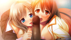 Rule 34 | 1boy, 2girls, artist request, censored, character request, copyright request, disembodied penis, game cg, highres, mosaic censoring, cooperative fellatio, multiple girls, penis, source request, teamwork