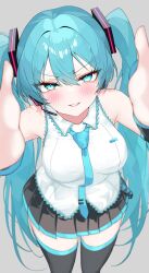 Rule 34 | 1girl, :d, absurdres, aqua eyes, aqua hair, aqua necktie, bare shoulders, bikini, black skirt, black sleeves, black thighhighs, blush, breasts, commentary request, cowboy shot, detached sleeves, eikawa suru, hair between eyes, hair ornament, hatsune miku, headset, highres, large breasts, long hair, looking at viewer, necktie, open mouth, reaching, reaching towards viewer, shirt, simple background, skirt, smile, solo, swimsuit, thighhighs, twintails, very long hair, vocaloid, white background, white bikini, white shirt, zettai ryouiki