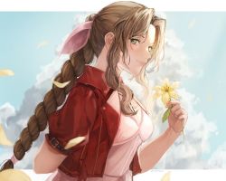 Rule 34 | 1girl, aerith gainsborough, arm behind back, braid, braided ponytail, breasts, brown hair, choker, cleavage, cloud, cloudy sky, cropped jacket, dress, falling petals, final fantasy, final fantasy vii, final fantasy vii remake, flower, green eyes, hair ribbon, highres, holding, holding flower, jacket, leaf, letterboxed, long hair, looking at viewer, medium breasts, oretsuu, outdoors, parted bangs, petals, pink dress, pink ribbon, red jacket, ribbon, short sleeves, sidelocks, sky, smile, solo, square enix, upper body, wavy hair, yellow flower
