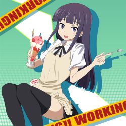 Rule 34 | 1girl, apron, badge, black thighhighs, blue eyes, caution tape, copyright name, hyori osin, long hair, looking at viewer, open mouth, parfait, purple hair, short sleeves, skirt, solo, spoon, thighhighs, tsurime, waitress, working!!, yamada aoi