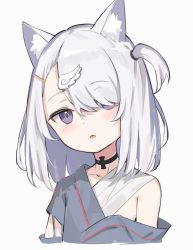 Rule 34 | 1girl, animal ear fluff, animal ears, bandaged chest, bandages, cat ears, cat girl, highres, medium hair, off shoulder, one side up, original, parted lips, purple eyes, satou (3366 s), white hair, wing hair ornament