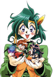 Rule 34 | 1990s (style), 3girls, angry, araizumi rui, black hair, blush, chibi, earrings, green hair, happy, headband, holding, jewelry, lina inverse, looking at viewer, multiple girls, naga the serpent, open mouth, red hair, retro artstyle, sarina, simple background, slayers, smile, white background