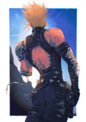Rule 34 | 1boy, absurdres, amputee, arm belt, ass, back cutout, backless outfit, bare shoulders, belt, black gloves, black pants, blonde hair, blue sky, blurry, blurry background, clothing cutout, commentary, cowboy shot, cyberpunk, day, earrings, elbow gloves, english commentary, facing away, from behind, gloves, highres, hollycircling, jewelry, male focus, multiple belts, multiple scars, outside border, pants, piercing, scar, short hair, single earring, sky, solo, trigun, vash the stampede