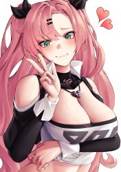 Rule 34 | 1girl, absurdres, bare shoulders, black jacket, black ribbon, blue nails, breasts, cleavage, clothing cutout, commentary request, green eyes, hair ornament, hair ribbon, hairclip, hand up, heart, highres, jacket, korean commentary, large breasts, long hair, long sleeves, looking at viewer, midriff, nail polish, nicole demara, open clothes, open jacket, pink hair, pyeong-il pyeongil, ribbon, shoulder cutout, simple background, smile, solo, strapless, tube top, two side up, upper body, very long hair, w, white background, zenless zone zero
