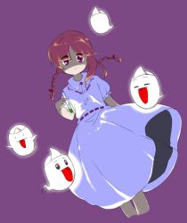 Rule 34 | 1girl, :o, bakebake (touhou), braid, brown hair, dress, ghost, hair ribbon, holding vial, looking at viewer, medium hair, nonamejd, official style, parted bangs, puffy short sleeves, puffy sleeves, purple background, purple eyes, red ribbon, ribbon, rika (touhou), short sleeves, simple background, solo, touhou, touhou (pc-98), twin braids, vial, white dress, zun (style)