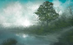 Rule 34 | akyuun, bare tree, blurry, bush, cloud, commentary, fog, highres, lake, lens flare, light, nature, no humans, original, scenery, sky, third-party edit, tree, water