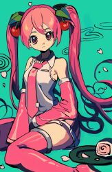 Rule 34 | 1girl, :|, arms between legs, bare shoulders, black skirt, cherry hair ornament, closed mouth, collared shirt, detached sleeves, expressionless, feet out of frame, food-themed hair ornament, frilled shirt, frills, green background, hair between eyes, hair ornament, hatsune miku, head tilt, highres, long hair, long sleeves, looking at viewer, miniskirt, necktie, neonneon321, pink eyes, pink hair, pink necktie, pink sleeves, pink thighhighs, pleated skirt, sakura miku, shirt, sidelocks, simple background, sitting, skirt, sleeveless, sleeveless shirt, solo, thighhighs, twintails, very long hair, vocaloid, wariza, white shirt, zettai ryouiki