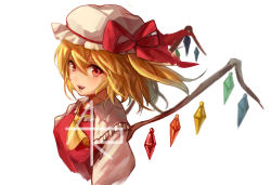 Rule 34 | 1girl, :d, ascot, blonde hair, breasts, commentary request, cropped torso, crystal, fang, flandre scarlet, frilled shirt collar, frills, hair between eyes, hat, hat ribbon, highres, looking at viewer, mao wei du jiao shou, medium breasts, mob cap, one side up, open mouth, puffy short sleeves, puffy sleeves, red eyes, red ribbon, red vest, ribbon, shirt, short hair, short sleeves, simple background, smile, solo, touhou, upper body, vest, white background, white hat, white shirt, wings, yellow ascot
