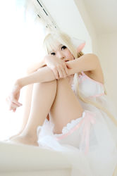 Rule 34 | 1girl, asian, babydoll, blonde hair, bloomers, bra, chii, chii (cosplay), chobits, cosplay, cosplay photo, kipi-san, lingerie, pantyhose, persocom, photo (medium), real life, ribbon, solo, underwear
