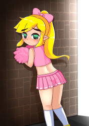 Rule 34 | 1boy, absurdres, against wall, alley, blonde hair, blush, bow, brick wall, cheerleader, cheerleader link, closed mouth, crop top, crossdressing, green eyes, hair bow, highres, holding, holding pom poms, kneehighs, link, long hair, looking at viewer, looking back, male focus, nintendo, official alternate costume, papapaimon, pink bow, pink skirt, pleated skirt, pointy ears, pom pom (cheerleading), pom poms, ponytail, sidelocks, skirt, sleeveless, socks, solo, standing, sweatdrop, tearing up, the legend of zelda, the legend of zelda: tri force heroes, toon link, trap