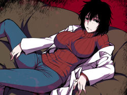 Rule 34 | 1girl, abe inori, black eyes, black hair, breasts, coat, couch, female focus, freckles, large breasts, looking at viewer, original, ribbed sweater, short hair, sitting, solo, sweater, white coat