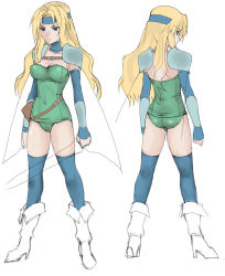 Rule 34 | 1990s (style), 1girl, ass, blonde hair, blue eyes, boots, breasts, cape, celes chere, character sheet, choker, detached sleeves, female focus, final fantasy, final fantasy vi, full body, headband, leotard, long hair, partially colored, retro artstyle, shiwasu (pixiv2447188), shoulder pads, simple background, solo, thighhighs, white background