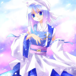 Rule 34 | 1girl, alternate costume, asahina, blue eyes, detached sleeves, female focus, gradient hair, hat, lapel pin, letty whiterock, multicolored hair, mystix, snow, solo, touhou