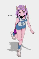Rule 34 | 1girl, absurdres, amiri ari, blue shorts, blue socks, blush, closed mouth, creatures (company), game freak, gloves, grey background, hair ornament, highres, lacey (pokemon), leg up, looking at viewer, nintendo, pink hair, pokemon, pokemon sv, purple gloves, purple hair, shadow, shoes, short hair, shorts, simple background, single glove, socks, solo, tank top, thick eyebrows, white footwear