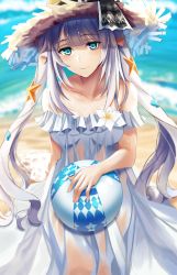Rule 34 | 1girl, beach, blue eyes, blue sky, blurry, blurry background, breasts, closed mouth, collarbone, day, dress, fate/grand order, fate (series), hat, highres, long dress, long hair, looking at viewer, marie antoinette (fate), marie antoinette (swimsuit caster) (second ascension) (fate), medium breasts, nicky w, outdoors, silver hair, sky, sleeveless, sleeveless dress, smile, solo, sun hat, twintails, very long hair, white dress