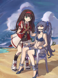 Rule 34 | 2girls, absurdres, ball gag, bdsm, beach, beach chair, black hair, blush, bondage, bound, braid, breasts, cuffs, full body, gag, green eyes, hair ribbon, hairband, highres, holding, k-sha, long hair, looking at another, medium breasts, multiple girls, neptune (series), nero augustus, noire (neptunia), outdoors, red eyes, restrained, ribbon, sex toy, shackles, shin jigen game neptune vii, short sleeves, sitting, twin braids, twintails, very long hair, vibrator