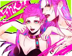 Rule 34 | 1boy, 1girl, bad id, bad pixiv id, breasts, cleavage, diavolo, eri127, father and daughter, freckles, green eyes, jojo no kimyou na bouken, large breasts, lipstick, makeup, midriff, pink hair, short hair, trish una, vento aureo