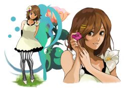 Rule 34 | 1girl, brown eyes, brown hair, don&#039;t say &quot;lazy&quot;, dress, flower, hagitotoro, hair ornament, hairclip, hirasawa yui, k-on!, looking at viewer, pantyhose, short hair, smile, solo, striped clothes, striped pantyhose, thighhighs