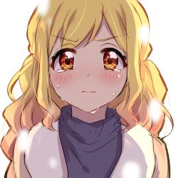 Rule 34 | 1girl, absurdres, aikatsu!, aikatsu! (series), blonde hair, blush, closed mouth, frown, gradient hair, grey sweater, hair down, highres, looking at viewer, multicolored hair, nijino yume, pink hair, red eyes, scarf, sekina, simple background, solo, sweater, tears, upper body, white background