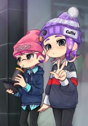Rule 34 | 1boy, 1girl, badge, beanie, black pants, blue hoodie, button badge, cellphone, cup, drawstring, drinking straw, grey eyes, hand up, hat, highres, holding, holding cup, holding phone, hood, hood down, hoodie, inkling, inkling boy, inkling player character, long hair, long sleeves, nintendo, octoling, octoling player character, pants, phone, pink hat, pixiv13691592, pointy ears, pom pom (clothes), purple hair, purple hat, short hair, slit pupils, smartphone, smartphone case, splatoon (series), splatoon 2, striped clothes, striped headwear, suction cups, tentacle hair